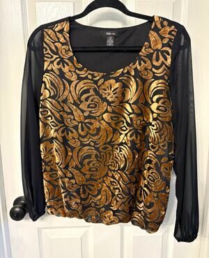 Style & Co. Women's XS Black/Gold Floral Chiffon Velvet Sheer Sleeve Blouse